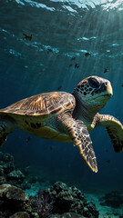 Fototapeta premium majestic sea turtles gliding gracefully deep underwater background 