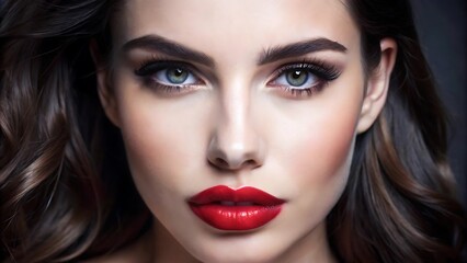 Fototapeta premium Beautiful White Girl With Red Lips Looks to the Camera