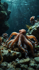 octopuses camouflaging among the rocks deep underwater background 