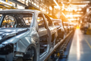 Modern automobile factory assembly line with partially assembled car frames illuminated by industrial lighting, capturing the complexity of manufacturing cars.