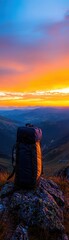 Obraz premium Backpack on a mountain peak at sunset with vibrant colors in the sky, symbolizing adventure and exploration in nature.