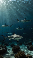 Obraz premium sharks patrolling their territory in the deep underwater background 