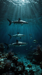Fototapeta premium sharks patrolling their territory in the deep underwater background 