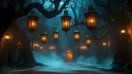 Obraz premium Haunted Forest Path with Lanterns - Mysterious Night Scene with Glowing Lights