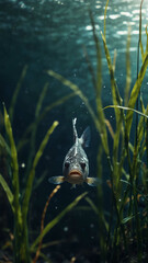 Fototapeta premium small fish hiding among seagrass deep underwater background 