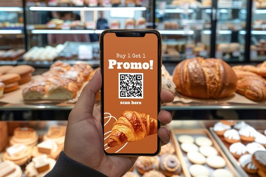 Bakery promotion QR code scan on phone screen