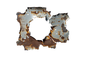 A bullet hole in a metal sign, with the torn edges and fragments conveying the force.