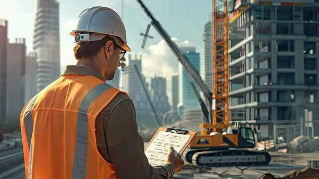 Urban Symphony of Progress: A construction engineer, clipboard in hand, orchestrates the rise of a skyscraper against a dynamic city skyline. 