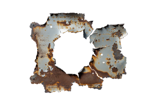 A bullet hole in a metal sign, with the torn edges and fragments conveying the force.