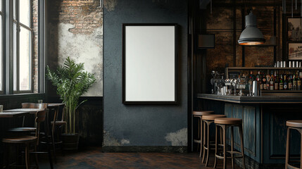 A rustic bar interior featuring a blank frame, wooden seating, and a lush plant during daylight hours in a cozy atmosphere