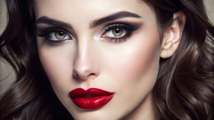 Fototapeta premium Beautiful White Girl With Red Lips Looks to the Camera