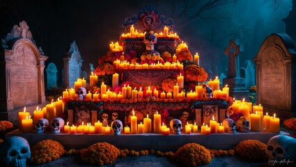 Fototapeta premium Intricate Day of the Dead altar lit by numerous candles in a graveyard, celebrating the lives of the deceased.