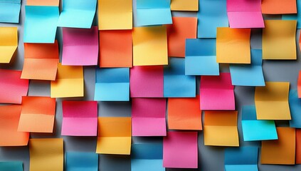 Fototapeta premium A white background with colorful sticky notes arranged in an organized pattern, symbolizing the simplicity and clarity of business planning using post-it notes on a white background. 