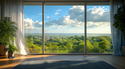 A large window overlooks a lush green forest