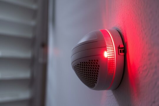 Modern smoke detector mounted on a white wall is flashing red, indicating the alarm is sounding