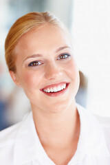 Smile, business and portrait of woman with confidence, opportunity or professional consultant in office. Conference, pride and face of happy businesswoman at workplace with ambition in company growth