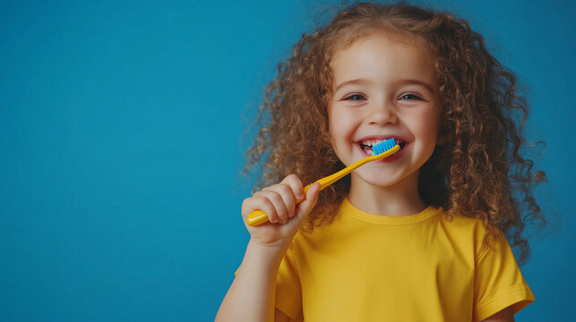 Happy smiling child girl with curly hair in yellow t-shirt brushing teeth with toothbrush on blue background. Health care, oral hygiene. Mockup, copy space.