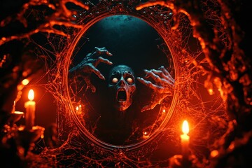 Eerie image of a skeleton in a mirror surrounded by cobwebs and candles, creating a spooky, horror-themed Halloween scene with glowing eyes.