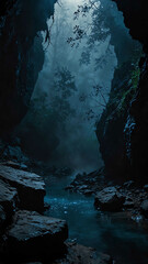 blue foggy mist on darkness in deep nature cave background backdrop