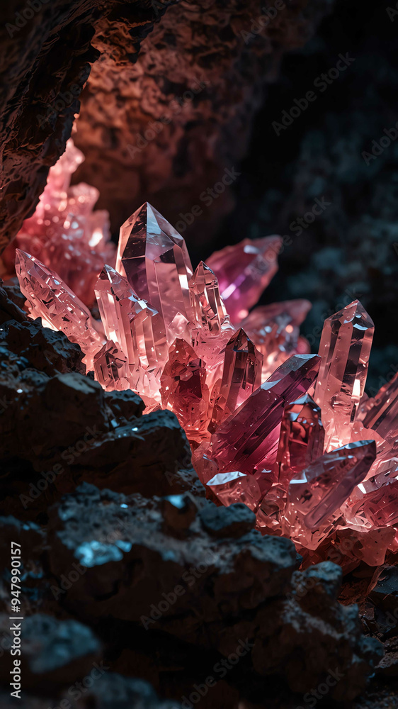 Poster crystals growing pink lights on deep nature cave background backdrop