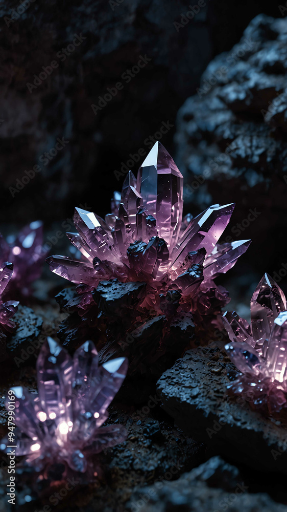 Sticker crystals growing purple lights on deep nature cave background backdrop