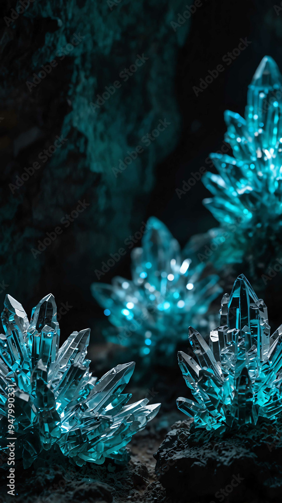 Poster crystals growing teal lights on deep nature cave background backdrop