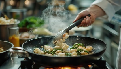 Chef holding a frying pan in a busy kitchen, flipping food with precision