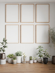 Fototapeta premium Mockup frame set, wood poster empty, in home design, Homey interior design element cozy mockup, 3d render