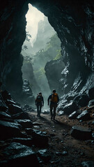 Obraz premium explorers navigating a mysterious deep nature cave background backdrop