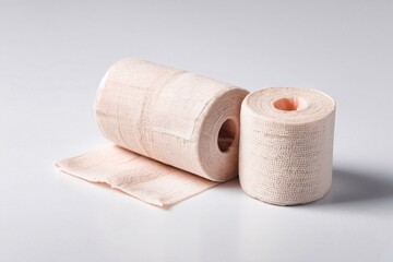 Fototapeta premium Closeup of two rolls of Rolled beige bandage on a white background