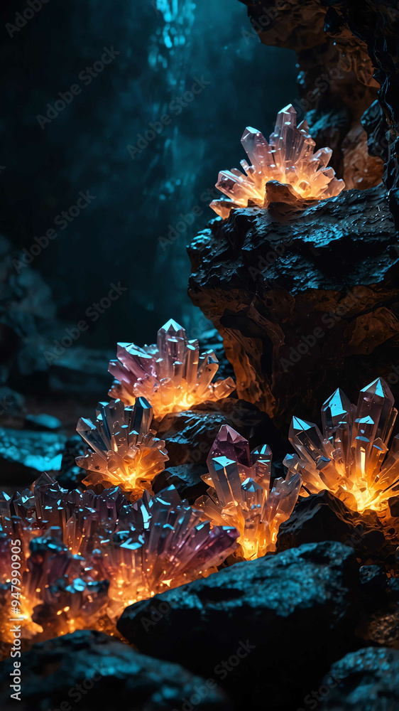 Poster glowing crystals illuminating the deep nature cave background backdrop