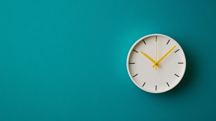 The image features a minimalist wall clock with a white face and yellow hands set against a solid teal background, precisely showing the time at 10:10.