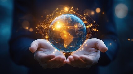 A person holds a glowing digital globe, symbolizing global connectivity and technological advancement in a dark environment