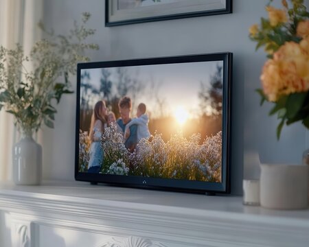 Digital photo frame with slideshow displaying family photos on a mantel