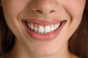 Fototapeta premium Close up of a young woman smiling, showing her perfect white teeth