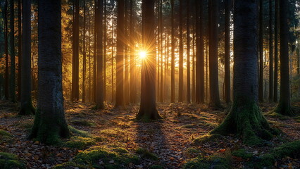 Obraz premium A sunlit forest with tall trees and golden light