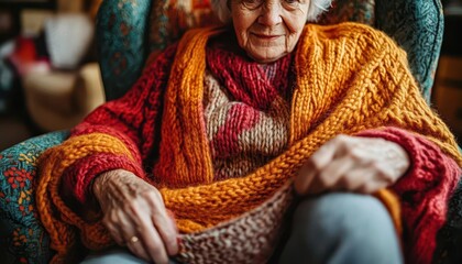 Fototapeta premium Elderly woman with a knitting project sitting in a cozy armchair