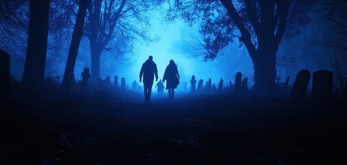Silhouettes of two people walking through a misty, eerie forest at night with a glowing blue light in the distance, creating a haunting atmosphere.