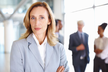 Businesswoman, manager portrait and arms crossed in office, team leader and confident accountant. Female person, financial broker and professional for planning, workplace and accounting meeting