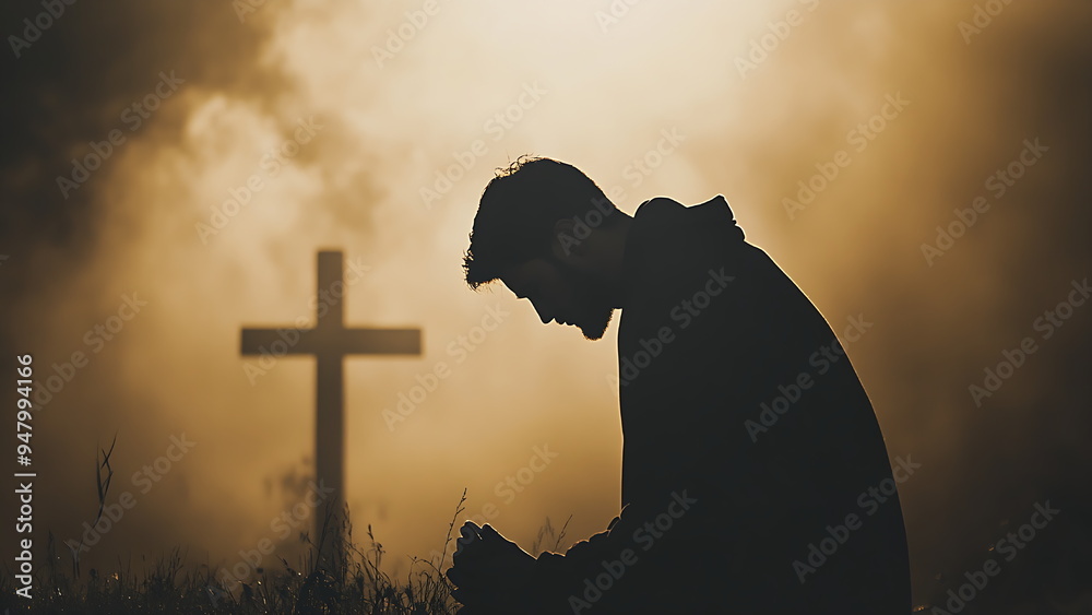 Wall mural a person is kneeling in prayer, with a cross in the background.