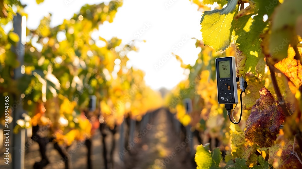 Poster advanced iot sensors installed in a vineyard continuously monitoring soil moisture and temperature l