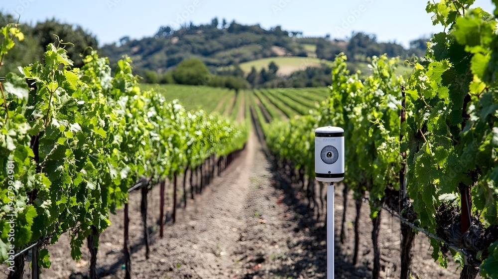 Poster iot sensors installed in a vineyard measuring and collecting data on soil moisture and temperature t