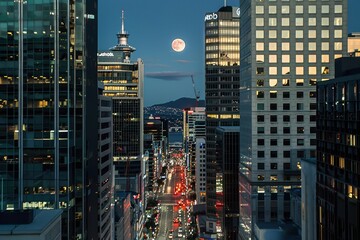 Auckland business district Auckland's business district with a beautiful full moon