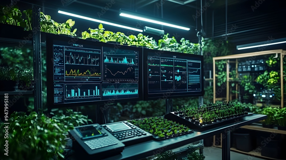 Poster advanced smart farm control center showcasing real time data from multiple iot sensors