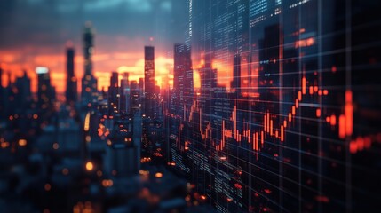 City Skyline With Financial Data Overlay. City skyline with financial data charts overlaid, symbolizing market analysis, investment, and the relationship between finance and urban development.