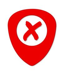 Red guitar plectrum with a negative cross in the middle. It's a symbol to not pick