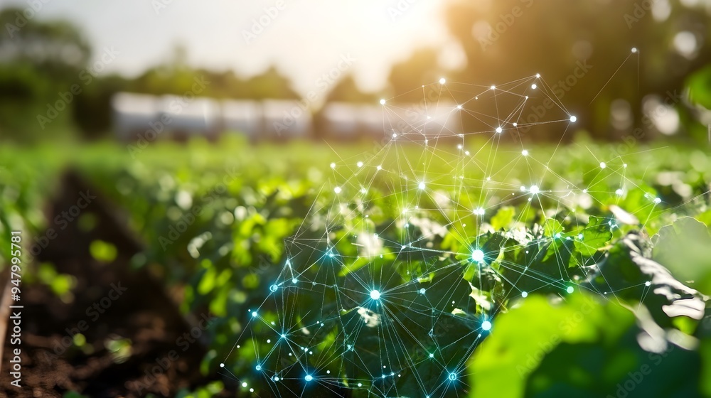 Poster aerial view of a smart farm utilizing iot sensors and automation technology to optimize irrigation s
