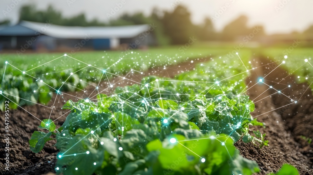 Poster photograph of a high tech smart farm implementing iot sensors and data analytics to automate irrigat