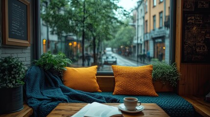 4. A cozy reading nook in a stylish cafe, with a cushioned window seat, a blanket, and a cup of hot coffee, overlooking a rainy street outside