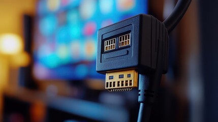 HDMI cable with connectors plugged into a TV, providing high-definition content